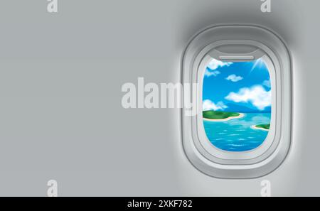 Vista interna della finestra dell'aereo con l'isola da viaggiare. L'aereo si è presentato durante il volo per una vacanza tropicale. Design del telaio del banner con illuminatore dell'aeroplano e concetto aereo per la pubblicità Illustrazione Vettoriale
