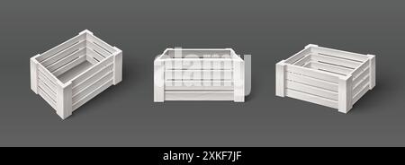 mockup per casse in legno bianco 3d. Contenitore di frutta o verdura isolato vettore realistico. Svuotare il contenitore pallet dell'azienda per il confezionamento del raccolto. Set di elementi di stoccaggio e di erogazione per applicazioni agricole con struttura in legno Illustrazione Vettoriale