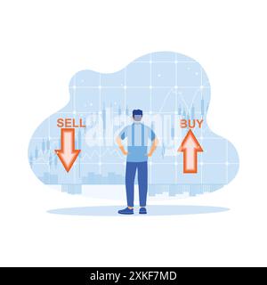 Uomo d'affari che lavora in un ufficio moderno. La posizione di fronte allo schermo del proiettore determina se vendere o acquistare azioni. Concetto di Trading azionario. modalità trend Illustrazione Vettoriale