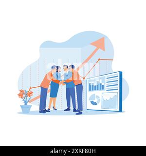 Uomini d'affari diversi che si tengono per mano. Incoraggiarsi a vicenda a lavorare e raggiungere gli obiettivi. Concetto di riunione sul lavoro di squadra. fla vettoriale moderno di tendenza Illustrazione Vettoriale