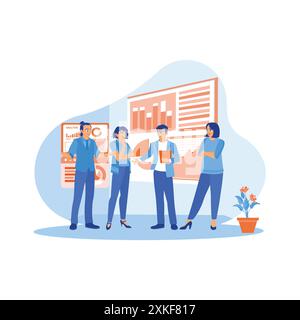 Team aziendale in piedi all'interno dell'ufficio. Discutono e discutono tra loro nel settore dei progetti di progettazione di software per applicazioni mobili. Illustrazione Vettoriale