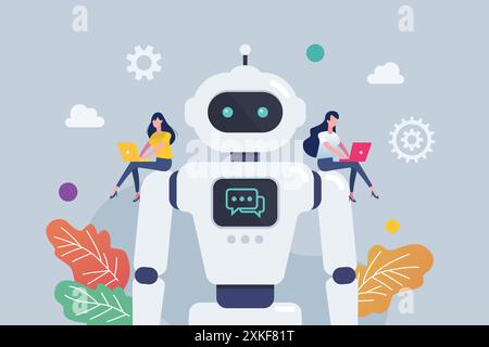 Le persone controllano il robot android sulla spalla dei robot. Tecnologia Cyborg. Illustrazione vettoriale. Illustrazione Vettoriale