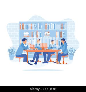 Un gruppo di uomini d'affari seduti insieme nel deposito documenti dell'ufficio. Scambiare idee e discutere durante le riunioni. Discutere il concetto di informazioni. mod. trend Illustrazione Vettoriale