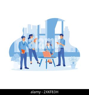 Diversi uomini d'affari organizzano riunioni nel moderno spazio di lavoro. Utilizzo di notebook e tablet digitali durante le sessioni. Personale aziendale sul posto di lavoro Illustrazione Vettoriale