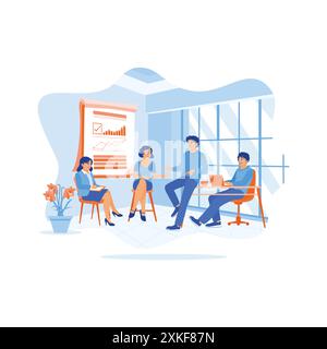 Colleghi diversi e felici sono seduti insieme nella sala riunioni. Scambiare idee e discutere insieme le statistiche finanziarie. Briefing. tr Illustrazione Vettoriale