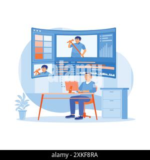 Editor video maschile che utilizza le cuffie per la modifica di una registrazione video di un cantante sullo schermo di un computer. Editor video che lavora in un ufficio rilassato. Editor video Illustrazione Vettoriale