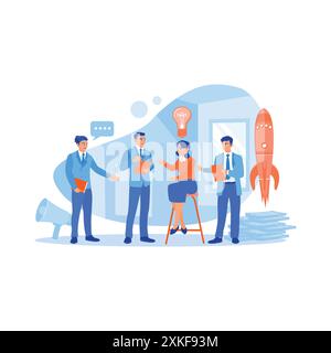 Un gruppo di uomini d'affari ha una riunione in ufficio. Parlano tra loro, consultano, discutono ed esprimono opinioni su nuove idee di progetti aziendali. Illustrazione Vettoriale