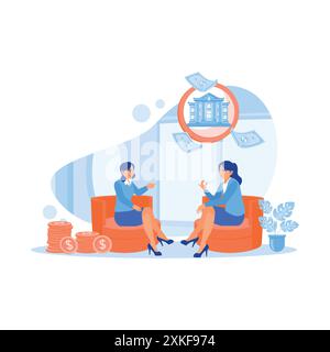 Una donna d'affari siede su una sedia con un consulente finanziario in un ufficio moderno. Parlano e risolvono i problemi finanziari degli uffici. Discutere dell'occultamento delle informazioni Illustrazione Vettoriale