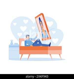 Uomo sdraiato a letto con un telefono cellulare per visitare siti online. Uomo che parla con un'amica che è sullo schermo del telefono cellulare. Concetto di incontri online. TREN Illustrazione Vettoriale