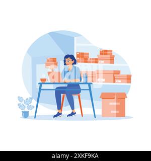 Imprenditrice di piccole e medie imprese che lavora su un notebook da casa. Una giovane donna recensisce i prodotti tramite streaming video sui social media. Concetto di conferma dell'ordine. T Illustrazione Vettoriale