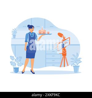 Una giovane vlogger sta preparando torte in cucina. I vlogger registrano e mostrano i risultati della cottura davanti a una fotocamera montata su un treppiede. Contenuto Illustrazione Vettoriale