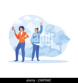 Due vlogger in vacanza in una zona montuosa. Guardano la fotocamera e realizzano video mentre sono in vacanza. Concetto di creazione di contenuti. Tendenza vettoriale moderna Illustrazione Vettoriale