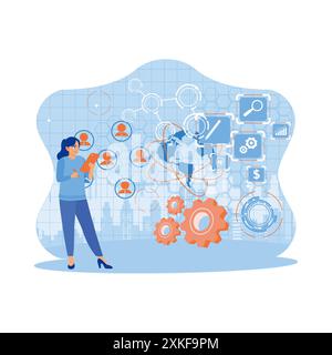 Gli uomini d'affari che utilizzano smartphone con grafica aziendale digitale, icone e globi. Concetto finanziario e commerciale. Illustrazione piatta vettoriale moderna Illustrazione Vettoriale