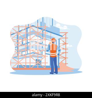 Ingegnere architetto che lavora in cantiere. Gli architetti indossano caschi di sicurezza e comunicano utilizzando pratici talkie. Architetto e ingegnere costruttivo Illustrazione Vettoriale