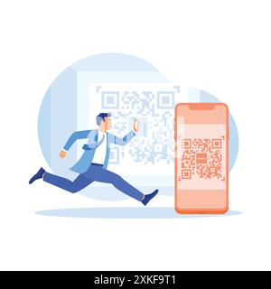 Uomo con smartphone con tecnologia QR code scanner sullo schermo. Il codice QR di scansione viene utilizzato per il pagamento online. Concetto di business digitale. Tendenza moderna Illustrazione Vettoriale