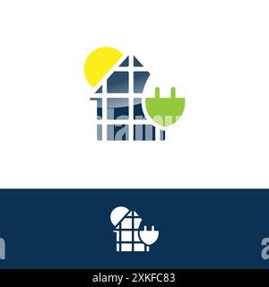 Modello di design con logo per l'icona del tetto della casa Solar Energy. Illustrazione vettoriale Illustrazione Vettoriale