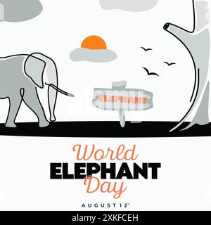 Sfondo del modello di progettazione della linea continua World Elephant Day. Illustrazione vettoriale Illustrazione Vettoriale