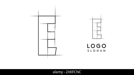 Disegno a matita con lettera e, disegno del logo del progetto architettonico, piano di costruzione, disegno tecnico. Ideale per il branding aziendale e i progetti industriali Illustrazione Vettoriale