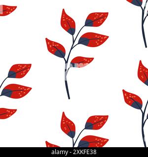 Motivo senza cuciture. Impianto semplice. Semplice pianta rossa. Sfondo bianco. Ornamento decorativo in stile scandinavo. Annegare la mano. Illustrazione vettoriale piatta Illustrazione Vettoriale