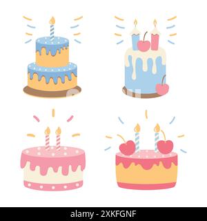 Graziosa torta di compleanno per bambini color pastello con set di illustrazioni vettoriali decorativi Illustrazione Vettoriale