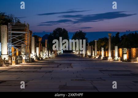 Vista serale della strada colonnata nell'antica città di Efeso a Selcúk Foto Stock