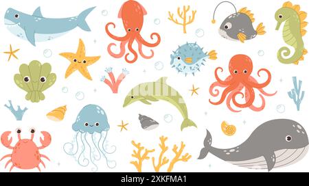 Set con elementi SEA LIFE disegnati a mano Illustrazione Vettoriale
