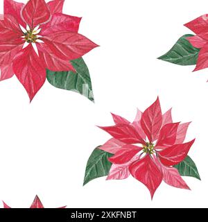 Motivo senza cuciture con poinsettia, fiore di Natale. Acquerello botanico, disegnato a mano. Modelli artistici universali moderni. Tessere per le vacanze aziendali e Foto Stock