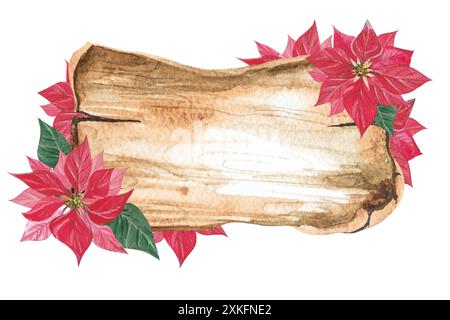 Decorazioni natalizie ad acquerello Tavola vecchia in legno con posto per il testo decorato con fiori di Poinsettia. Illustrazione acquerello botanico. perfetto per Foto Stock