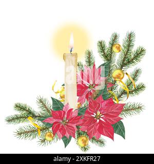 Composizione acquerello di Natale o Capodanno con rami di abeti e pini, candele e illustrazione di fiori poinsettia. Bouquet invernale di benvenuto Foto Stock