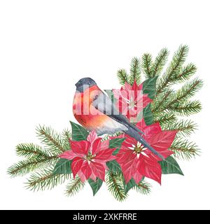 Composizione acquerello di Natale o Capodanno con rami di abeti e pini, bullfinch e fiori di punta. Bouquet invernale con due Foto Stock
