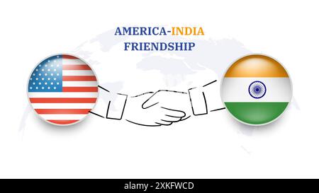 L'America e l'india bandierano in cerchio con la mano stringente. L'amicizia tra America e India. Bandiere americane e indiane, isolate su sfondo bianco. Icona vettoriale Illustrazione Vettoriale