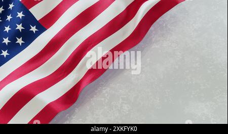 Un dettagliato primo piano della bandiera americana che sventolava, mostrando stelle e strisce con spazio di copia su uno sfondo testurizzato neutro per il banner tem Foto Stock