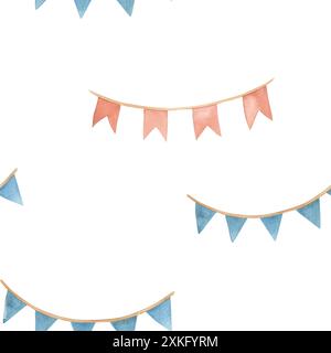 Motivo senza cuciture con illustrazione ad acquerello di una ghirlanda di bandiere in rosso e blu. Bandiera medievale, isolata. Disegnato a mano. Per decorare i bambini Foto Stock