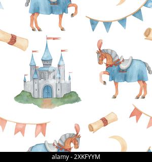 Motivo senza cuciture con illustrazione ad acquerello di una ghirlanda di bandiere in rosso e blu e castello, cavallo cavaliere, antico rotolo. Disegnato a mano. Per Foto Stock