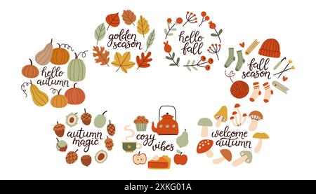 Set di scritte disegnate a mano in autunno. Slogan scritti a mano nella stagione autunnale. Frasi autunnali con elementi di design accattivanti e accoglienti Illustrazione Vettoriale