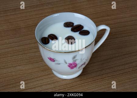 Kaffeetasse mit Milch und Kaffeebohnen Kaffeetasse mit Milch und Kaffeebohnen, 21.07.2024, Borkwalde, Brandeburgo, in einer Kaffeetasse mit Milch befinden sich schwimde Kaffeeeebohnen. *** Tazza di caffè con latte e chicchi di caffè tazza di caffè con latte e chicchi di caffè, 21 07 2024, Borkwalde, Brandeburgo, in una tazza di caffè con latte ci sono chicchi di caffè galleggianti Foto Stock