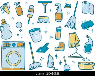 La lavanderia e la pulizia della casa forniscono scarabocchi con colori luminosi su sfondo bianco. Raccolta di articoli disegnati a mano per la pulizia e la pulizia, vettoriale Illustrazione Vettoriale