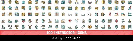 set di 100 icone per istruttore. Set di linee di colore di icone vettoriali istruttore linee sottili di colore piatto su bianco Illustrazione Vettoriale