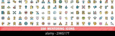 100 set di icone di mentoring. Set di linee cromatiche di icone vettoriali di mentoring linee sottili di colore piatto su bianco Illustrazione Vettoriale