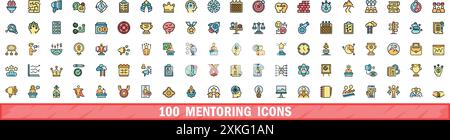 100 set di icone di mentoring. Set di linee cromatiche di icone vettoriali di mentoring linee sottili di colore piatto su bianco Illustrazione Vettoriale
