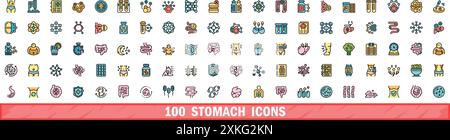 set di 100 icone dello stomaco. Linea di colore Set di icone vettoriali dello stomaco linea sottile colore piatto su bianco Illustrazione Vettoriale