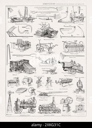 Illustrazione della fine del XIX secolo sugli strumenti di raccolta e sui motori agricoli. Foto Stock
