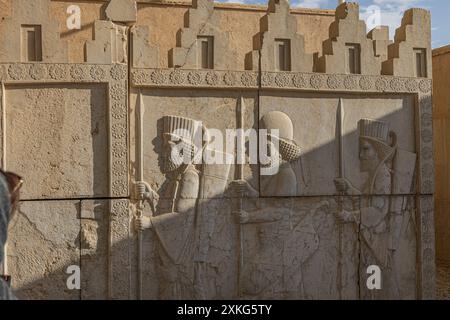 Sculture in bassorilievo di soldati in rilievo a Persepoli, l'antica capitale persiana risalente al 500 a.C. circa, situata a nord-est di Shiraz, Iran Foto Stock