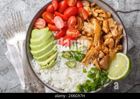 Recipiente per il riso con carnitas di pollo tirato, pomodori ciliegini, avocado, peperoni da vicino sul tavolo. Vista dall'alto orizzontale Foto Stock