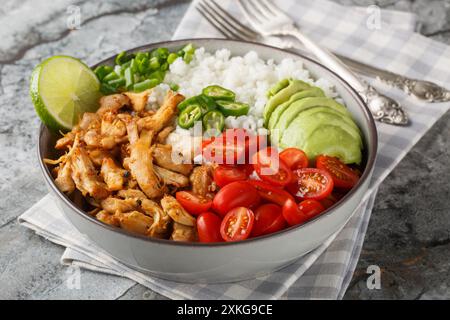 Recipiente per il riso con carnitas di pollo tirato, pomodori ciliegini, avocado, peperoni da vicino sul tavolo. Orizzontale Foto Stock