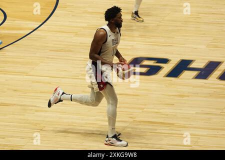 Londra, Regno Unito. 23 luglio 2024. JOEL EMBIID Team USA durante l'amichevole internazionale di basket tra USA e Germania all'O2 Arena di Londra, Inghilterra, il 22 luglio 2024. Foto di Laurent Lairys/ABACAPRESS. COM credito: Abaca Press/Alamy Live News Foto Stock