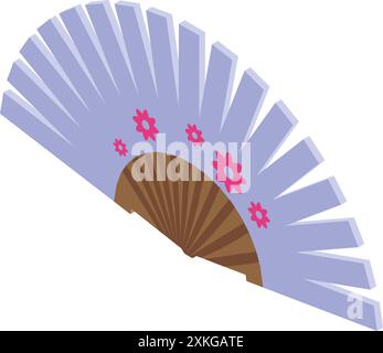 Il ventilatore a mano viola con motivo floreale è ripiegato, il tradizionale ventilatore a mano orientale Illustrazione Vettoriale