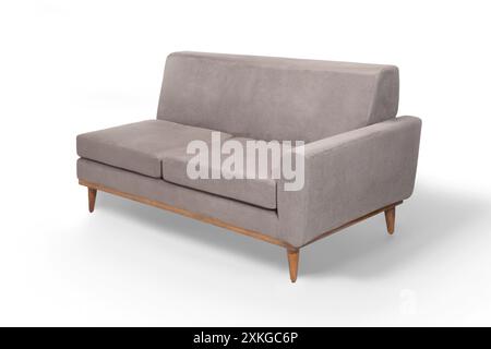 Moderno divano grigio con gambe in legno, vista ad angolo Foto Stock