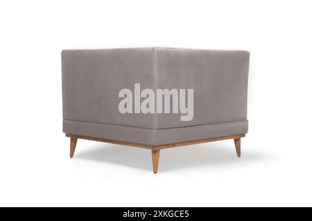 Divano ad angolo grigio con gambe in legno, vista posteriore Foto Stock