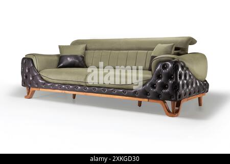 Divano verde con schienale in pelle trapuntata nera, vista ad angolo Foto Stock